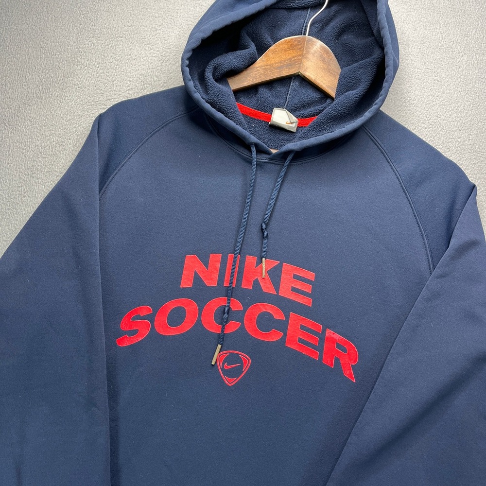 Nike Soccer Hoodie Mens L Navy/Red Graphic Pullover Fleece Sweatshirt Athletic